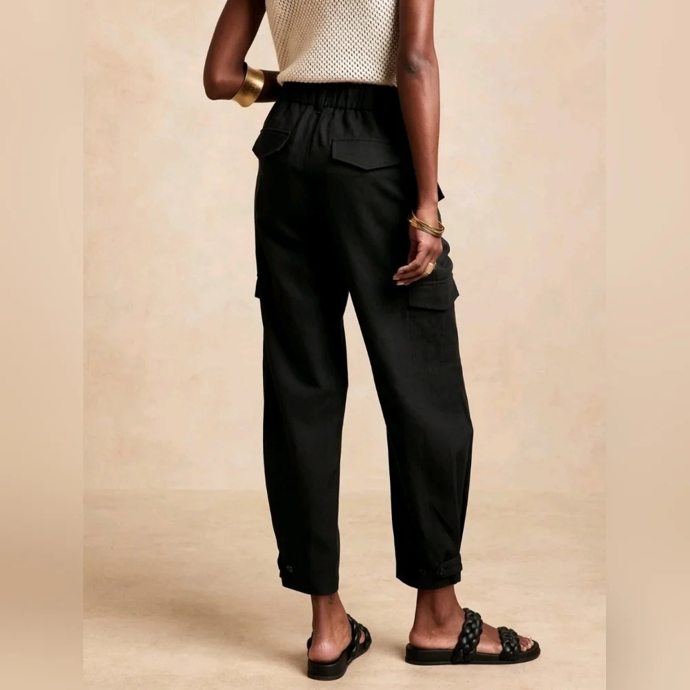 Banana Republic Lyocell Linen Blend Belted Cargo Pants 00 PETITE Black RT$110